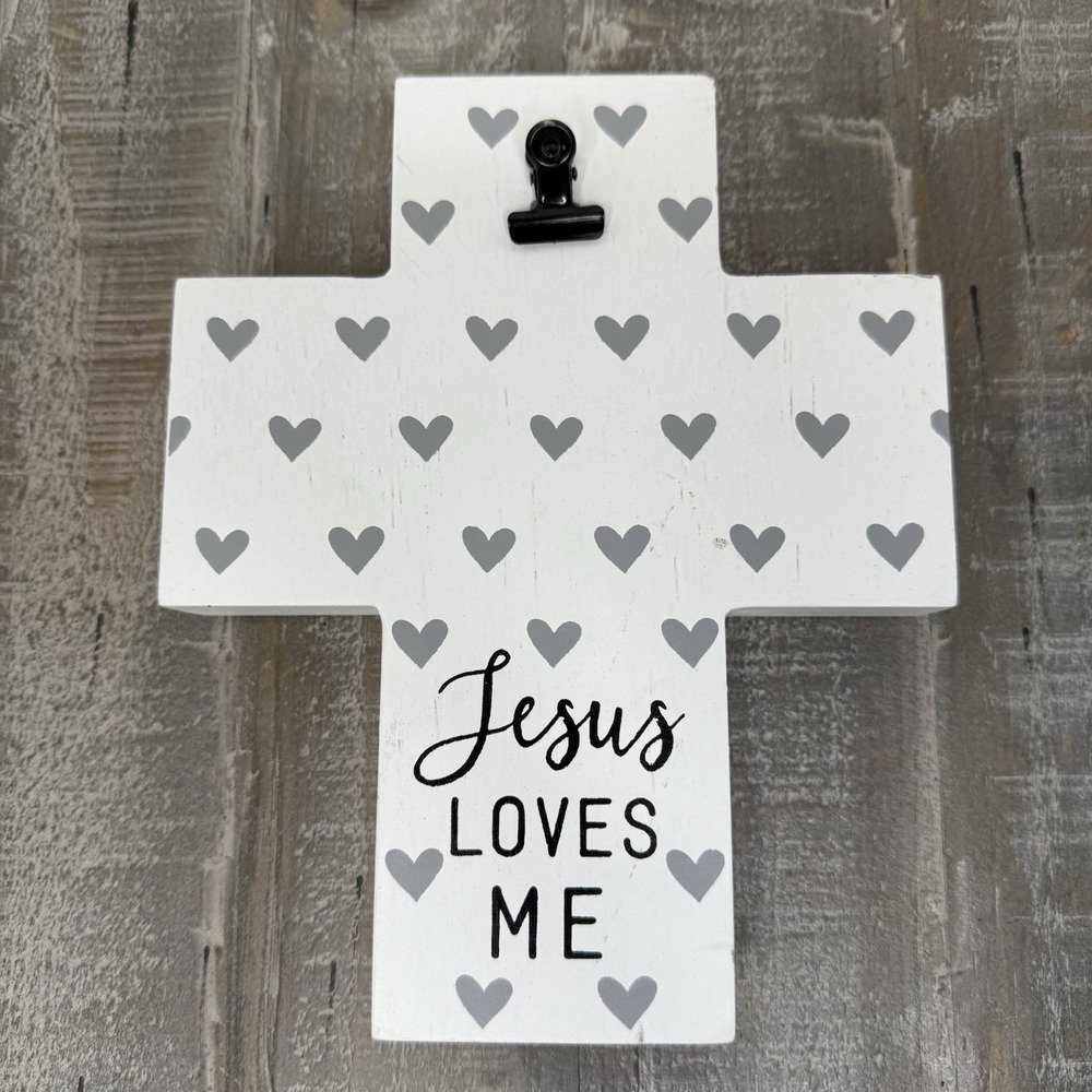Jesus Loves Me White Cross With Gray Hearts Picture Note Holder Home Decor Gift